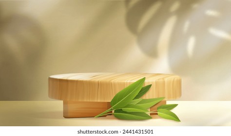 Wooden cylinder product podium with green leave and monstera shadow on wall. Natural pastel beige composition in studio room interior with wood platform and foliage Realistic vector display mockup.