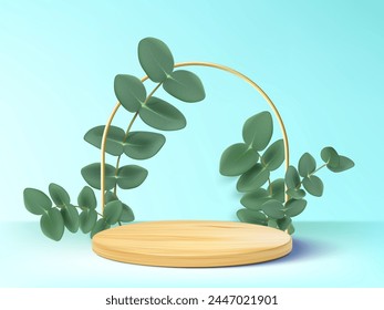 Wooden cylinder product podium with green leaf branches and arch decoration in room with pastel turquoise wall and floor. Realistic vector 3d mockup of brown wood goods display stage or platform.