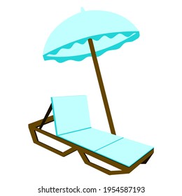 wooden deck chair with blue mattress and beach umbrella isolated on white background for relaxation and recuperation