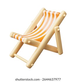 Wooden deck chair with striped fabric. Realistic beach furniture chaise longue isolated. 3D plastic cartoon style vector icon. Volume beach chair for summer relaxing and sunbathing