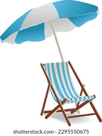 wooden Deck chair with an umbrella isolated on white background