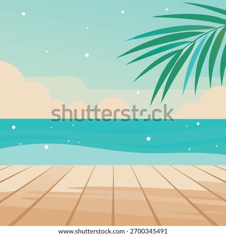 Wooden Deck Overlooking Turquoise Ocean and Palm Frond