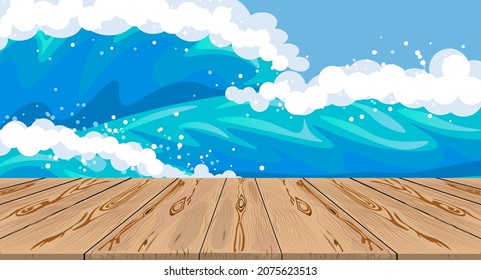 Wooden deck, sea and sky and natural background. vector