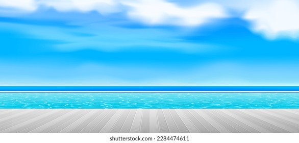 wooden deck swimming pool ocean view tropical resort summer vacation vector illustration