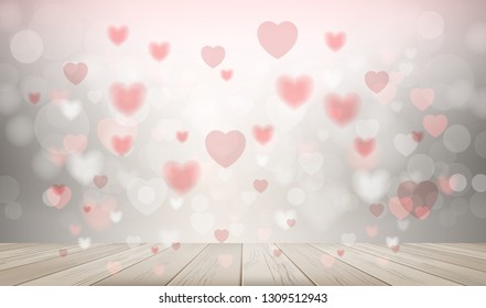 Wooden deck or terrace with heart blurred background used for greeting card, wedding card, wallpaper, celebration with sweet and romantic moment. Abstract valentines background. Vector illustration.