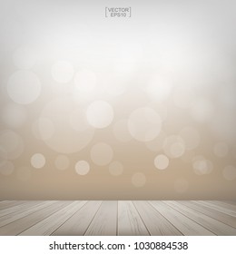 Wooden deck or wooden terrace with light blurred bokeh background. Wood table top and light blurred bokeh background used for montage or display products. Vector illustration
