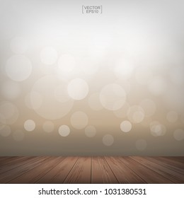 Wooden deck or wooden terrace with light blurred bokeh background. Wood table top and light blurred bokeh background used for montage or display products. Vector illustration