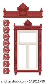 The wooden decorated window. Vector illustration.
