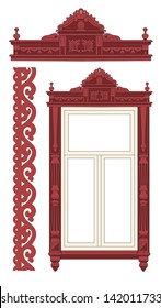 The wooden decorated window. Vector illustration.