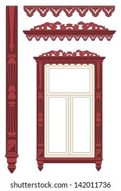 The wooden decorated window. Vector illustration.