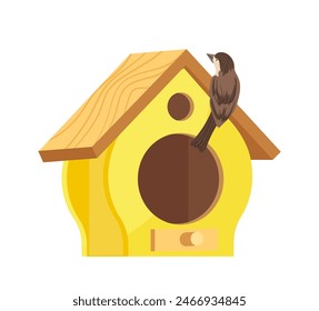 Wooden decorative cozy birdhouse for little brown sparrow dwelling isolated on white background