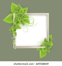 Wooden decorative frame with leaves, vector illustration.