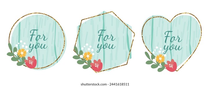 Wooden design elements set with flowers and text For You. Vector light blue wood board, frame, badge, label, shield, signboard collection. Background with text. Vector illustration.