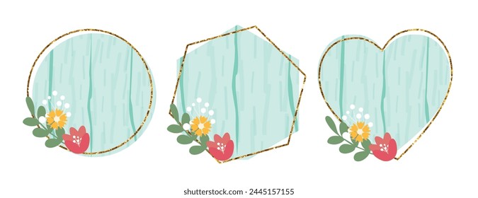 Elementos de diseño de madera con flores. Tablero de Vector de madera azul claro, marco, insignia, etiqueta, escudo, colección de letrero. Fondo sin texto. Ilustración vectorial.