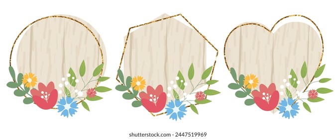 Wooden design elements set with flowers. Vector wood board, frame, badge, label, shield, signboard collection. Brown background without text. Vector illustration