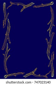 wooden design frame with gold twigs on blue background