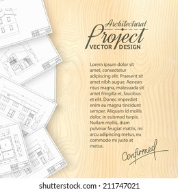Wooden desk with architecture bluerints. Vector illustration.