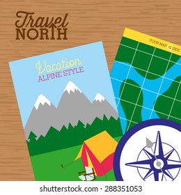 Wooden desk with brochure, compass and a map preparing for vacation in the mountains. Vector and illustration design.