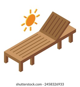 Wooden desk chair on sun icon isometric vector. Outdoor furniture. Summer relax