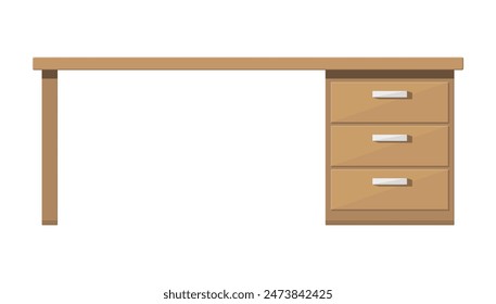 Wooden desk with drawer. Brown table with lockers. Workplace and paperwork. Office working furniture. Vector illustration in flat style