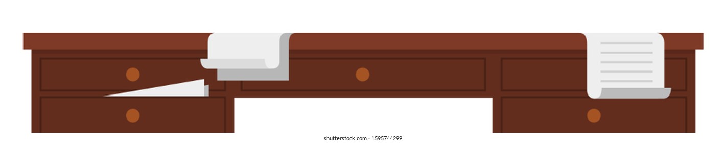 Wooden desk with drawers and paper notes vector flat icon isolated on white