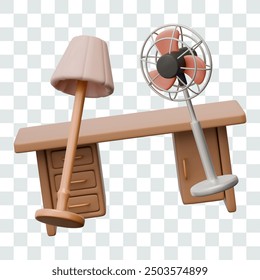 Wooden desk, floor lamp, fan on long stand. Furniture for comfortable work