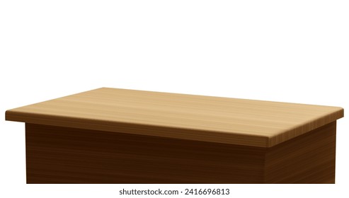 Wooden desk isolated on white background. Vector realistic illustration of brown wood table at forefront, kitchen or office interior design element, bench or shelf mockup, empty workplace furniture