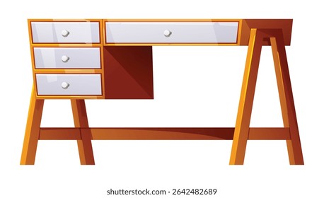 Wooden desk with multiple white drawers, an office or study table isolated on a white background. Vector cartoon illustration