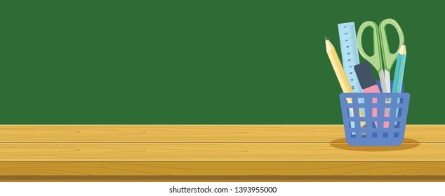 Wooden Desk And Stationery Basket For School Students, Education Background Banner Concept