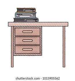 wooden desk of three drawers and books on top in colored crayon silhouette