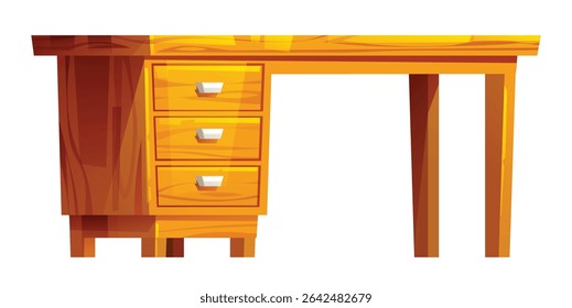 Wooden desk with three drawers and an open space, ideal for a home office or study. Vector cartoon illustration