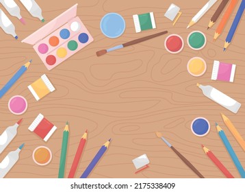 Wooden desk top with artistic stationery flat color vector background template. Art workshop. Painting, drawing classes. Craft studio. Fully editable 2D illustration with copy space for text