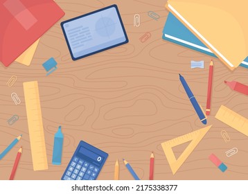 Wooden desk top with stationery essentials flat color vector background template. Learning math. Prepare for classes. Homework assignment. Fully editable 2D illustration with copy space for text