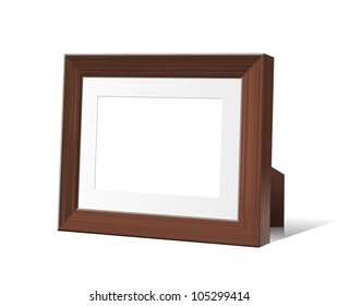 Wooden Desktop Picture And Photo Frame Isolated On White. Vector 3D