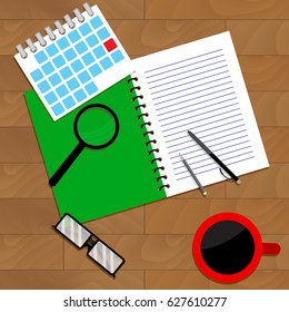 Wooden desktop view. Notebook and paperwork, organize business work. Vector illustration