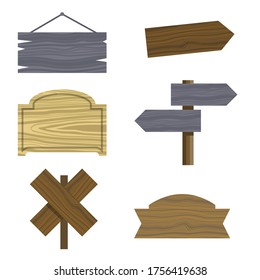 Wooden different shapes signs boards set, vector elements. Wooden tablets and signs. Vector icons on white background. Elements for design. Concept of location. Stock sign boards simple illustration
