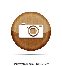 wooden digital camera icon button on a white background