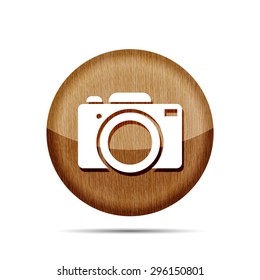 wooden digital camera icon button on a white background