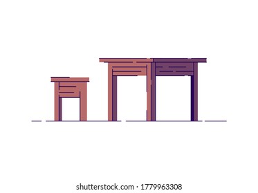 Wooden dining furniture semi flat RGB color vector illustration. Poor rural interior items. Wood rustic desk and stool. Classic medieval table and chair isolated cartoon object on white background