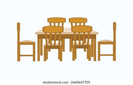 Mesa de jantar de madeira e design do vetor da cadeira para uso.