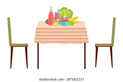 Wooden dining table with chairs nearby. Furniture model made of wood for the interior of a room for eating. Arrangement of furniture at home. Table with tablecloth isolated on white background
