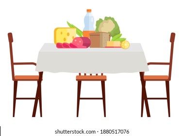 Wooden dining table covered with a table cloth with chairs nearby. Furniture model made of wood for the interior. Arrangement of furniture at home. Table with food isolated on white background