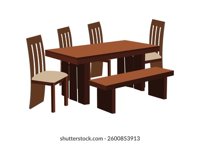 Wooden dining table set with four chairs and a bench - vector illustration