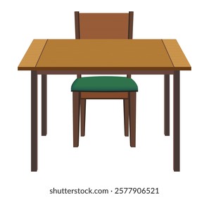 Wooden dining table with single chair, classic furniture design, brown and green interior decor element