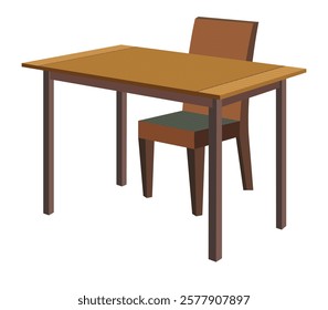 Wooden dining table with single chair, classic brown table with green seat, minimalist furniture design