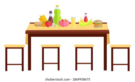 Wooden dining table with stools nearby. Furniture model made of wood for the interior of a room dining room. Arrangement of furniture at home. Table with food and drinks isolated on white background