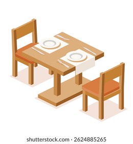 Wooden dining table with two chairs isolated on white. Vector illustration. The setup with plates, forks, knives, and napkins. Restaurants, cafes, hospitality concept. Infographic element.