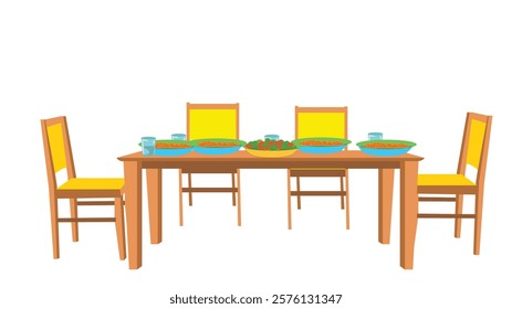 Wooden dining table with yellow color wooden chairs. food items on the table vector illustration