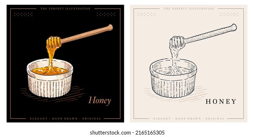 Wooden dipper with honey falling down in bowl