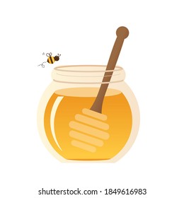 Wooden dipper with honey jar and flying bee cartoon isolated on white background vector illustration.
